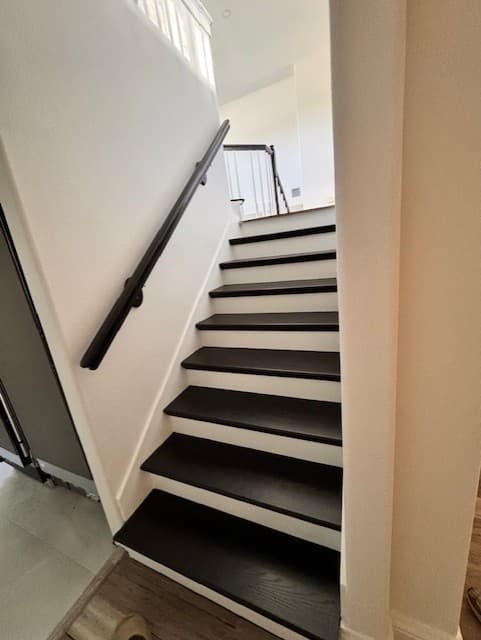 Interior staircase finish with dark wood treads, white risers, and freshly painted surrounding walls